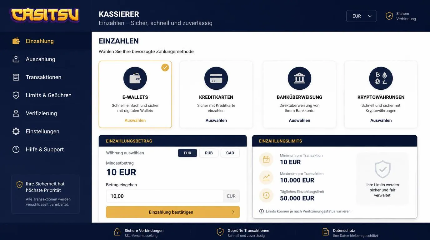 Kassenansicht mit Zahlungsmethoden, 10-EUR-Mindestbetrag und Auswahl von EUR, RUB oder CAD