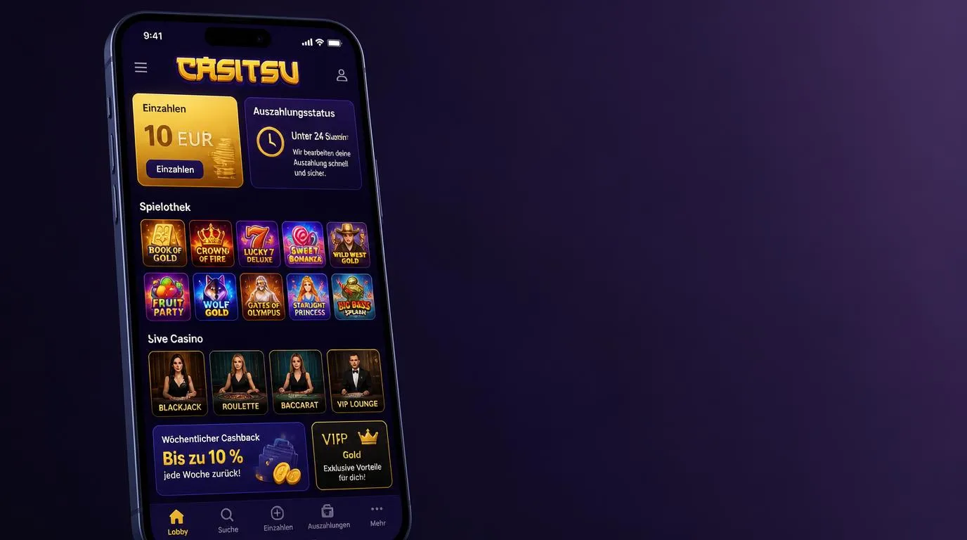 Mobiles Casino-Dashboard mit 10-EUR-Einzahlung, Auszahlungsstatus und Spielauswahl
