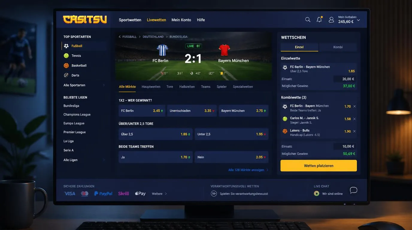 Sportwetten-Oberfläche mit Live-Märkten, Quoten und Wettschein für Fußballspiele