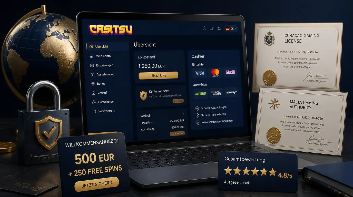 Laptop mit Casino-Konto, Sicherheitszeichen, internationalen Lizenzdokumenten und geöffneter Kasse