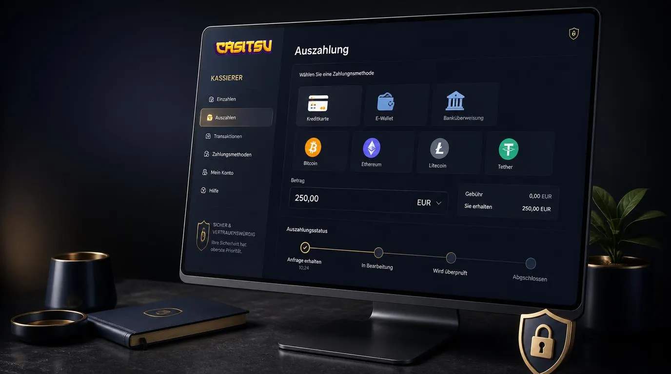 Übersicht einer Casino-Kasse mit Karten, E-Wallets, Banküberweisung und Kryptowährungen