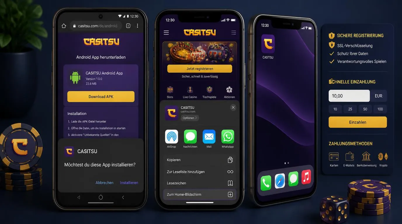 Android-Smartphone und iPhone mit Browserzugang, Home-Bildschirm-Symbol und sicherer Kontoeröffnung
