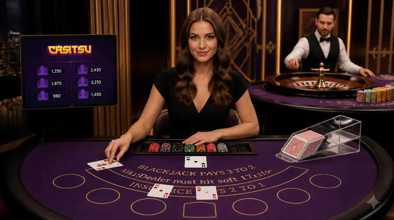Live-Dealer-Studio mit Roulettekessel, Blackjacktisch und professioneller Dealerin in hoher Bildqualität