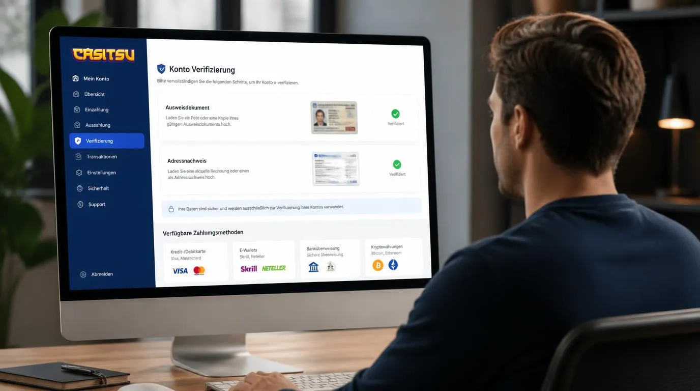 Digitale Kontoansicht mit Ausweis-Upload, Adressnachweis und bestätigter Identitätsprüfung