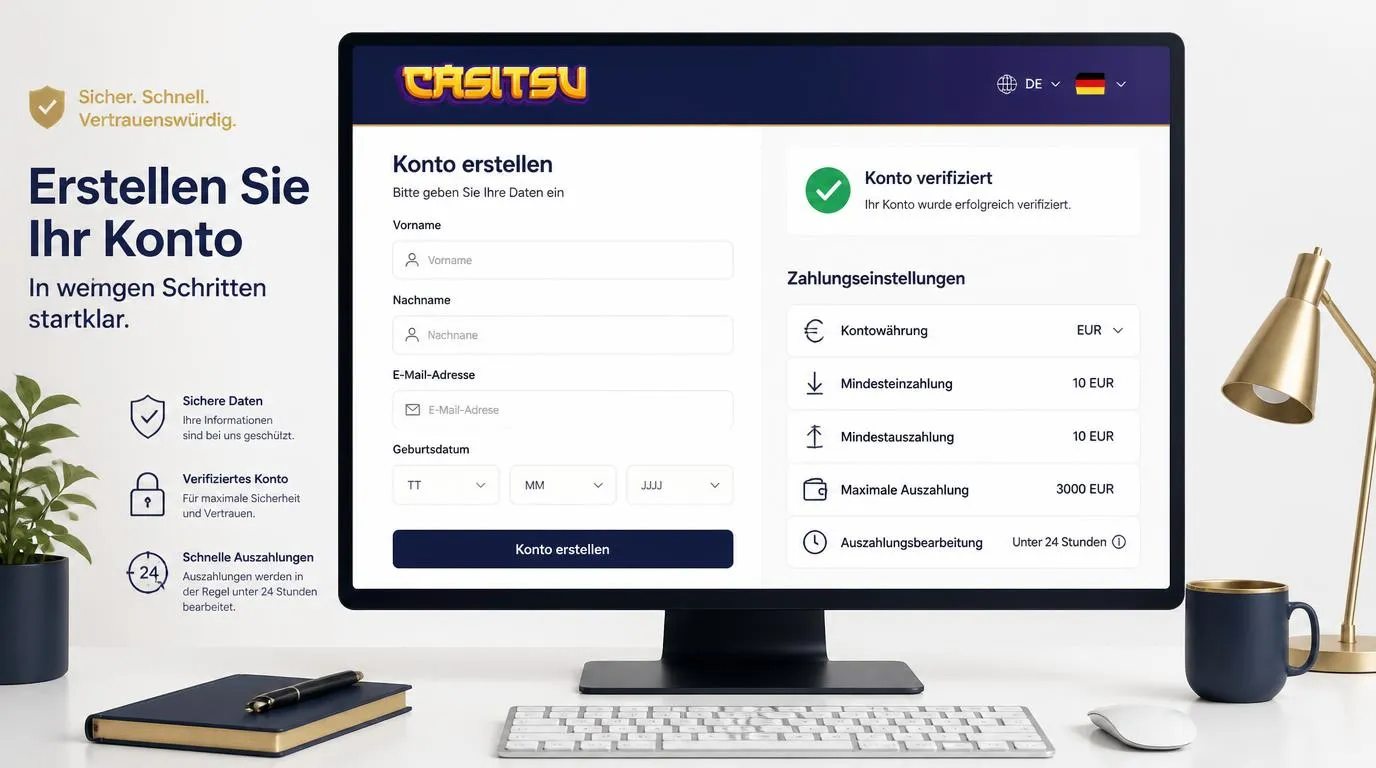 Registrierungsformular mit EUR-Kontowährung, Einzahlung von 10 EUR und bestätigter Kontoprüfung