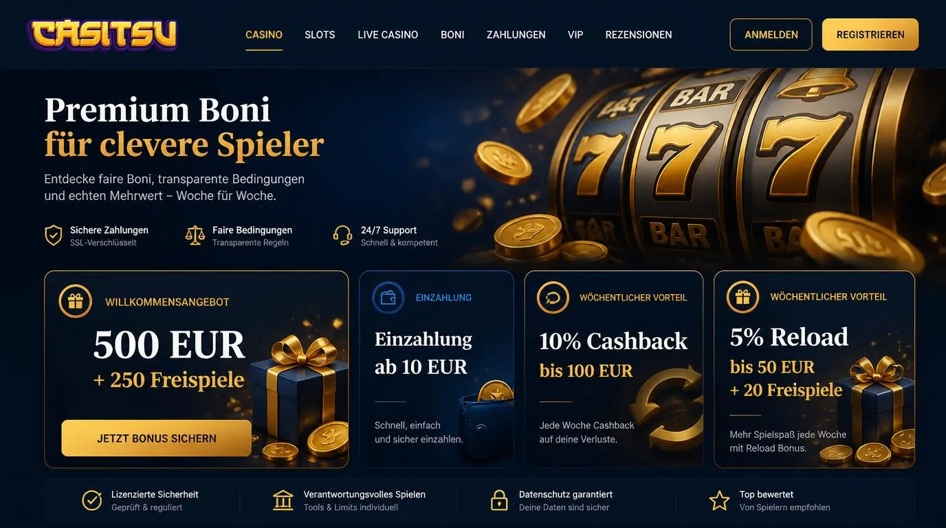 Bonusübersicht mit Willkommensguthaben, Freispielen und wöchentlichem Cashback auf einer Casino-Webseite