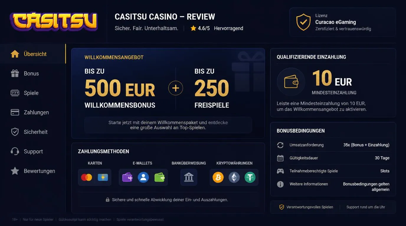 Casino-Bonusbereich mit Willkommenspaket, 10-EUR-Einzahlung und 250 Freispielen