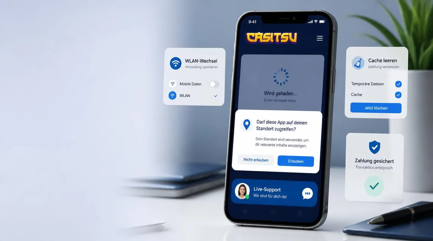 Smartphone mit Ladeanzeige, Standortfreigabe und geöffnetem Live-Chat zur mobilen Fehlerhilfe
