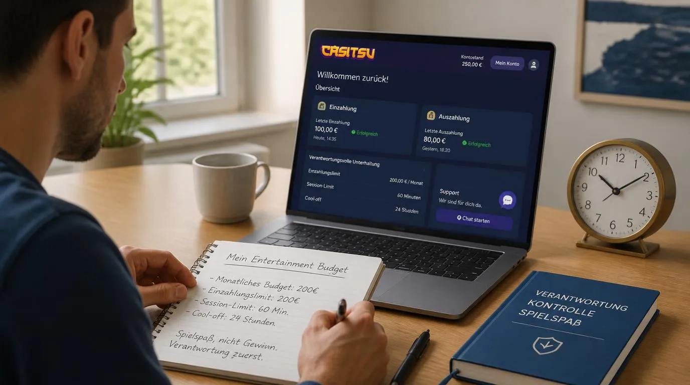 Spieler prüft am Laptop sein festgelegtes Spielbudget neben einer Uhr und einem Notizbuch