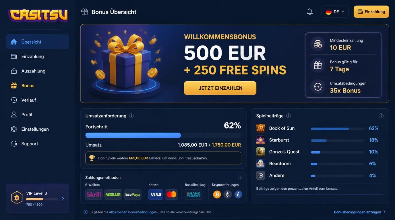 Bonusbereich eines Online-Casinos mit Einzahlung, Zahlungsmethoden und sichtbarem Umsatzfortschritt