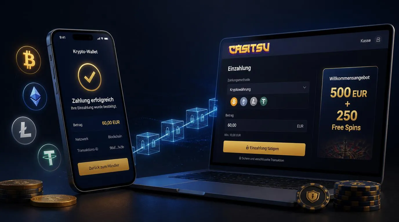 Smartphone mit Krypto-Wallet, Bitcoin- und Ethereum-Symbolen sowie bestätigter Einzahlung