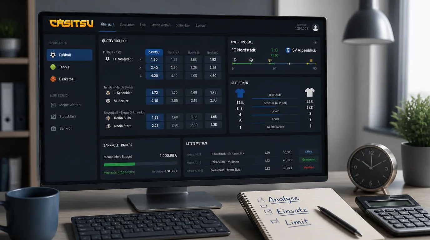 Sportwetten-Analyse mit Quotenvergleich, Spielstatistiken und festem Budget auf einem Bildschirm